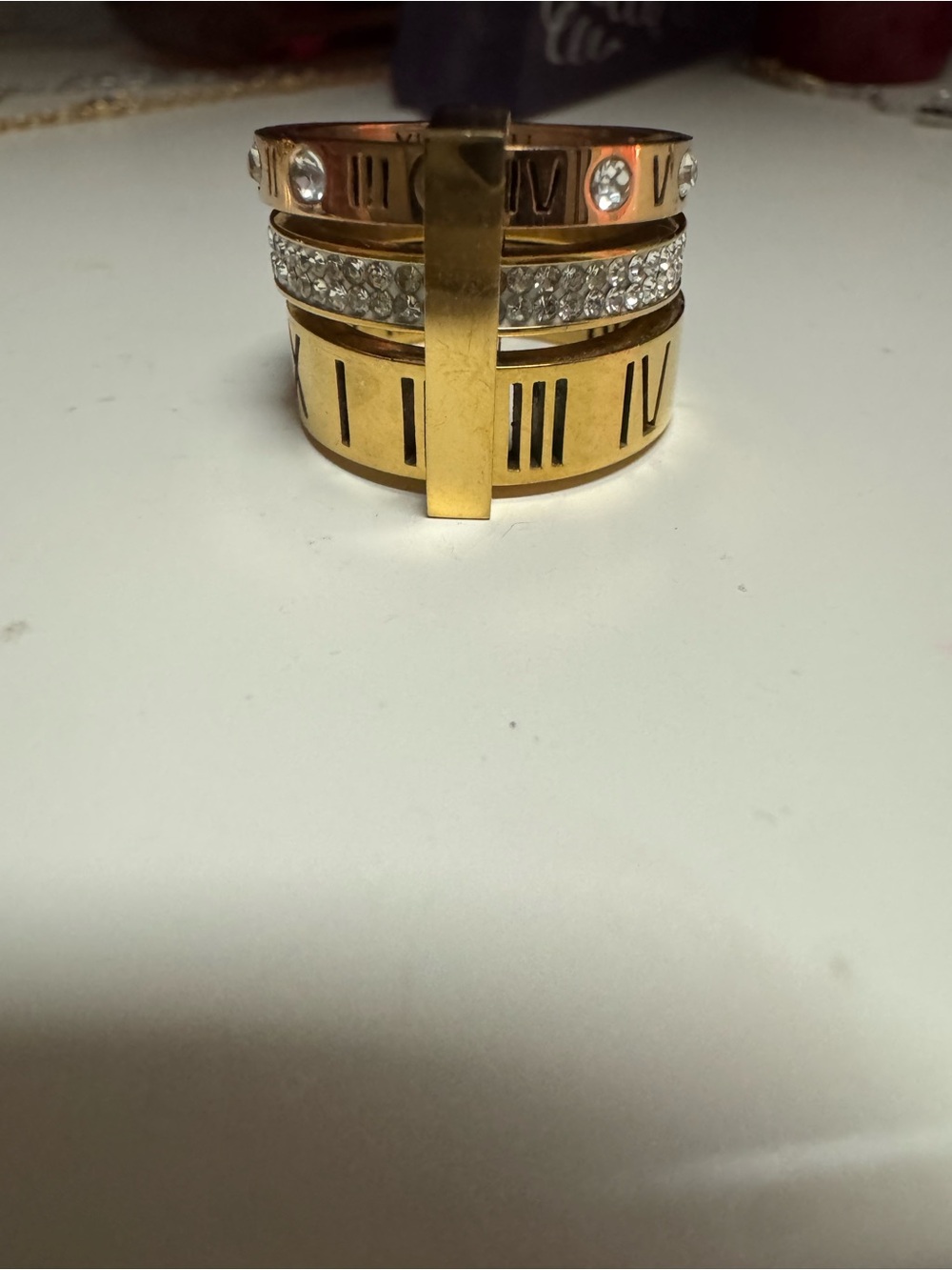 Gold-Tone Stackable Roman Numeral Ring Set with Clear Crystal Band